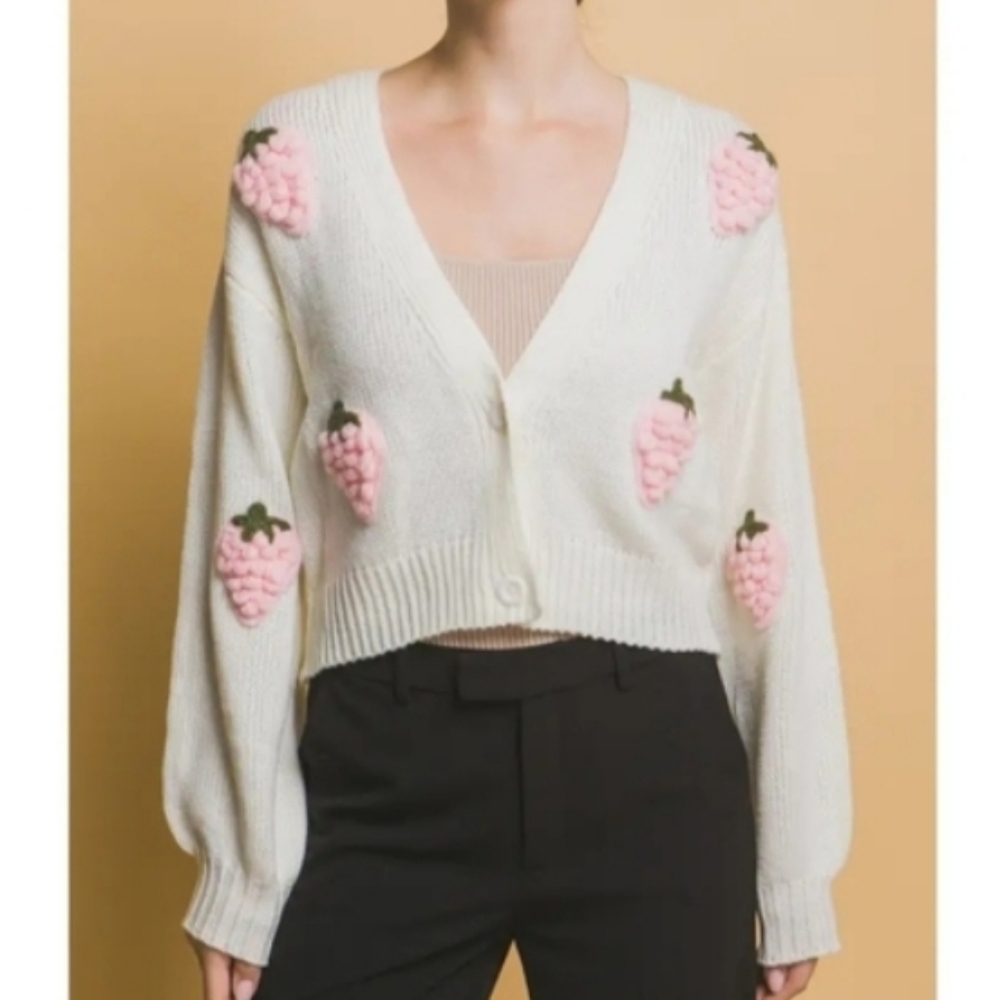 🍓 Love Tree Pink strawberry appliqué cardigan sweater Women's M Juniors L
